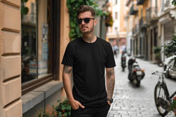 Wall Mural - Model T-Shirt Mockup, man wearing black t-shirt and sunglasses on street blurred background, Shirt Mockup Template design print