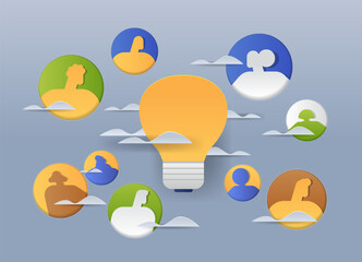 Poster - Light bulb with human silhouettes in circles paper cut style colorful figures clouds on blue background creative teamwork concept