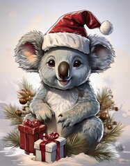 Wall Mural - Christmas koala with gifts and decoration 