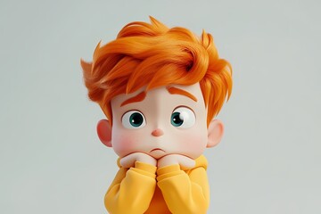 Thinking upset sad bored irish cartoon character young boy person portrait in 3d style design on light background. Human people feelings expression concept