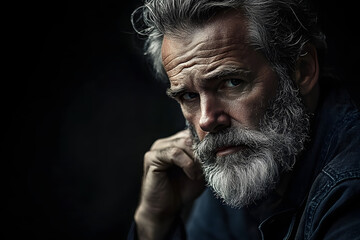 a mature man with a beard against a dark background