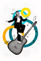 Wall Mural - Vertical poster collage young woman guitarist instrument player hobby clubber dance funky party performance drawing background