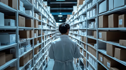 Canvas Print - A person in a white lab coat is looking down at a shelf of boxes. The scene is set in a warehouse or a large storage room. The person appears to be a worker or a scientist