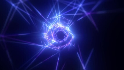 Poster - Abstract bright blue glowing background with a tunnel of lines and stripes of energy of burning rays of plasma and electricity with light, in video in high quality 4k, motion design