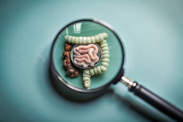 Poster - a replica of the colon organ under a magnifying glass among other organs