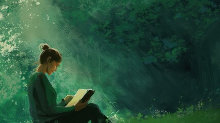 Forest green banner with a moss texture, displaying a businesswoman in a green cardigan, reading a book in a serene park setting. 