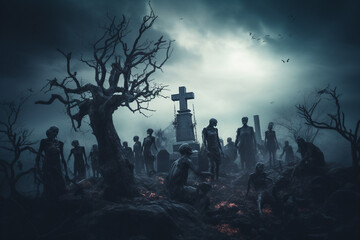 Wall Mural - AI generated image of a mysterious dark cemetery at halloween night