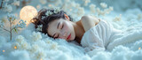 Winter princess sleeps with the moon on a bed of fluffy snow, she has flowers in her hair, beautiful pale white skin and sleeps under sheer white blanket.