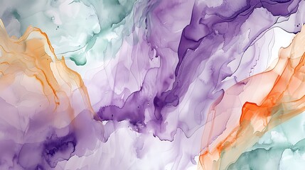 Abstract watercolor splash, pastel tones of lavender, mint, and peach, fluid and organic shapes, dreamy and artistic, high-definition quality, gentle blending. --ar 16:9 --v 6.0 --s 250 --style raw