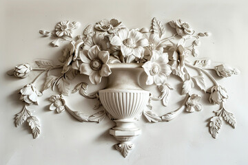 Poster - AI generated illustration luxury white wall design bas-relief botanical decor element