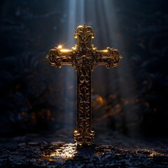 Ornate Golden Cross with Intricate Carvings Glowing Softly in the Shadows  Elegant Religious Symbol of Faith and Devotion