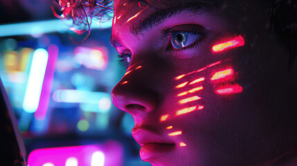 Gamer in a neon-colored room