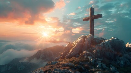 Poster - Majestic Cross Atop Mountainous Landscape at Dramatic Sunset