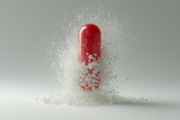 Wall Mural - High speed capture of a red capsule exploding into powder illustrating urgent healthcare intervention