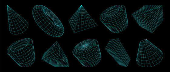 Aufkleber - 3d grid shapes, wireframe geometric figures. Vector set of three-dimensional futuristic forms such as cones, spheres, pyramids, cubes, cylinders or torus and abstract twisted digital meshed structures