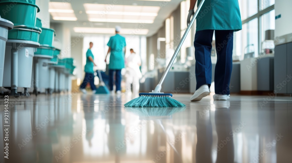 Hospital staff mopping the floor of a clean and orderly medical ...