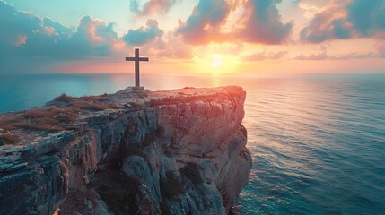 Poster - Dramatic Cross Atop Cliff with Mesmerizing Sunset Seascape