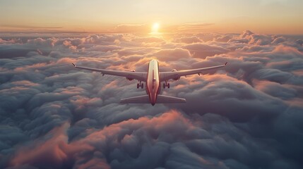 Poster - Airplane Soaring Above Serene Cloudscape at Vibrant Sunset