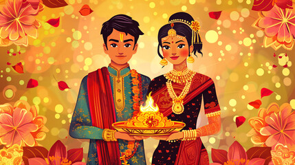 Sticker - Indian couple in festive attire holding a puja thali, performing religious rituals with colorful background