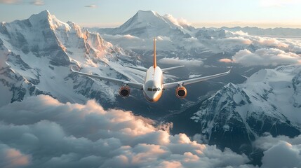 Poster - Majestic Airplane Soaring Over Snowy Mountain Peaks in Vibrant Landscape