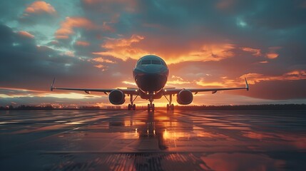 Vibrant and Peaceful Airplane at Sunrise on Runway with Serene Ambience