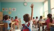 © abu - In a bright, modern classroom, a focused student raises their hand, highlighting eagerness to learn in a symmetrical, engaging composition.