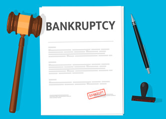 Bankruptcy attorney or lawyer legal document with vector judge gavel, pen and bankrupt approved stamp. Paper form of company or personal insolvency , filing bankruptcy and broken business legal status