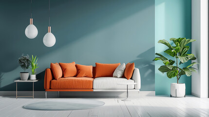 Sticker - Modern Living Room Interior Design with Orange Sofa and Teal Walls