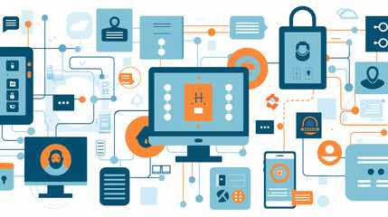Poster - concept of identity and access management with visual elements like secure login screens, biometric authentication, and role-based access controls, secure user management. digital cyber security 