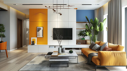 Sticker - Modern Living Room Interior Design with Yellow Sofa