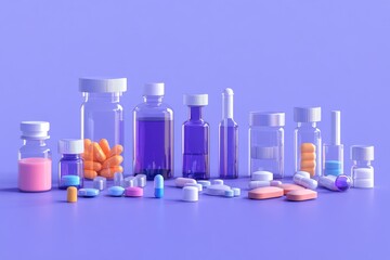 Wall Mural - Modern Pharmaceutical Display with Variety of Pills and Vials on Lilac