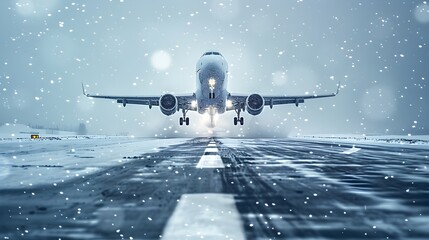 Powerful Airplane Takeoff from Snowy Runway in Vibrant Concept