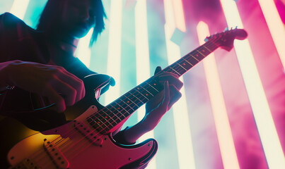 Guitar player in action at neon background