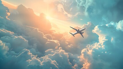 Poster - Airplane Soaring Through Vibrant Cloud Filled Sky at Sunset or Sunrise