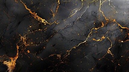 A detailed illustration of marble with shades of black and gold, showcasing bold veining patterns on a glossy surface. Luxurious, high contrast, hd quality, refined and modern look. --ar 16:9 --v 6.