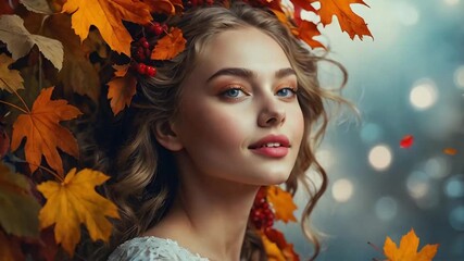 Sticker - Beautiful young woman, autumn leaves in her hair