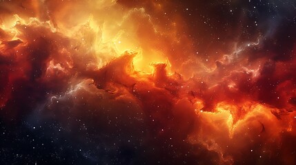 Canvas Print - A digital artwork of a majestic nebula with hues of red, orange, and yellow, intertwined with stars and dark cosmic dust, creating a dramatic space scene. High contrast, vivid colors, hd quality,