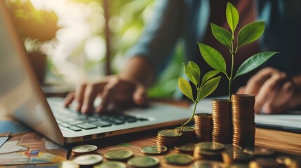 Poster - Financial Planner Reviewing Investment Growth on Laptop in Modern Office Setting