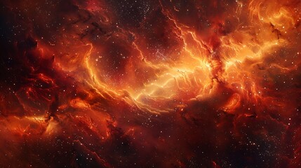 Canvas Print - A digital artwork of a majestic nebula with hues of red, orange, and yellow, intertwined with stars and dark cosmic dust, creating a dramatic space scene. High contrast, vivid colors, hd quality,