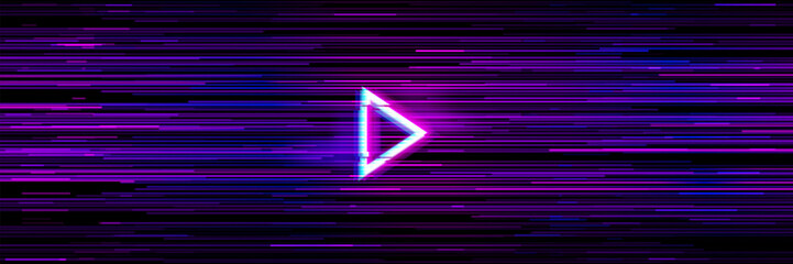 Leinwandbilder - Video game glitch background with play arrow button and purple neon glowing disrupted horizontal lines. Vector digital retro-futuristic backdrop that emulate visual disruption in video games or media