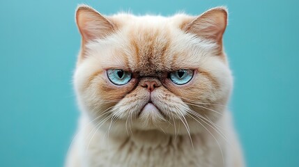 Sticker - Close up of ugly angry looking cat with large eyes and sparse fur on Blue background