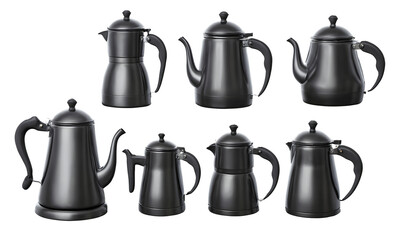 A collection of seven coffee pots featuring a variety of modern and vintage styles isolated in transparent background. 
