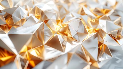 Wall Mural - A graphic design featuring gold geometric shapes, diamonds, and triangles on a white background. Minimalist aesthetic, sharp contrast, reflective surfaces, hd quality, modern look. --ar 16:9 --v 6.