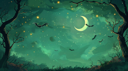 Poster - The background is a green night sky with stars and a crescent moon, creating a cute and Halloween scene