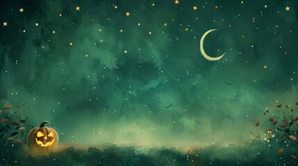 Poster - The background is a green night sky with stars and a crescent moon, creating a cute and Halloween scene