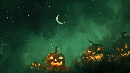Poster - The background is a green night sky with stars and a crescent moon, creating a cute and Halloween scene