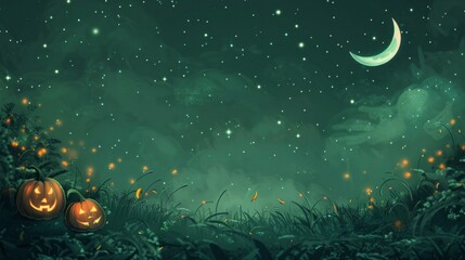 Poster - The background is a green night sky with stars and a crescent moon, creating a cute and Halloween scene