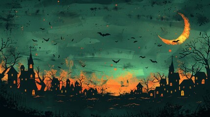 Poster - The background is a green night sky with stars and a crescent moon, creating a cute and Halloween scene