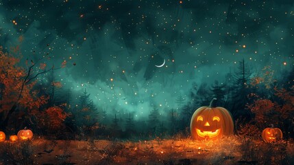 Poster - The background is a green night sky with stars and a crescent moon, creating a cute and Halloween scene