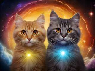 two cats in the night sky,cat on the moon